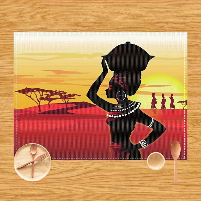 2pcs Beautiful African Woman Placemats - Set of 2 Linen Table Mats for Kitchen and Dining Table Decor