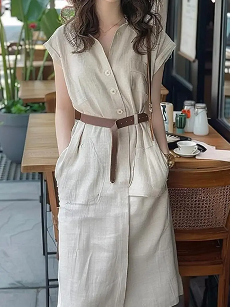 

Office Lady Casual Solid Single Breasted Shirt Dress Women Summer Short Sleeve Elegant Long Dress With Belt F662