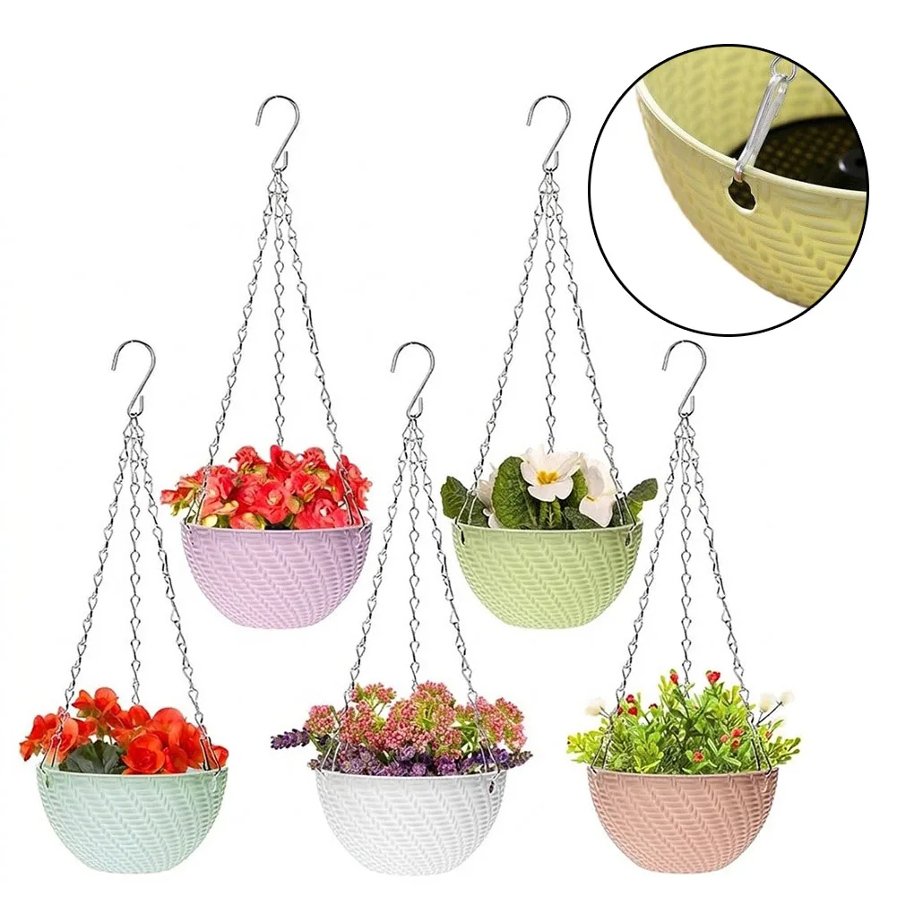 5 Piece Hanging Plant Basket Set Made of Plastic with Attached Chain Hooks for Balcony Patio or Indoor Greenery Display view 3
