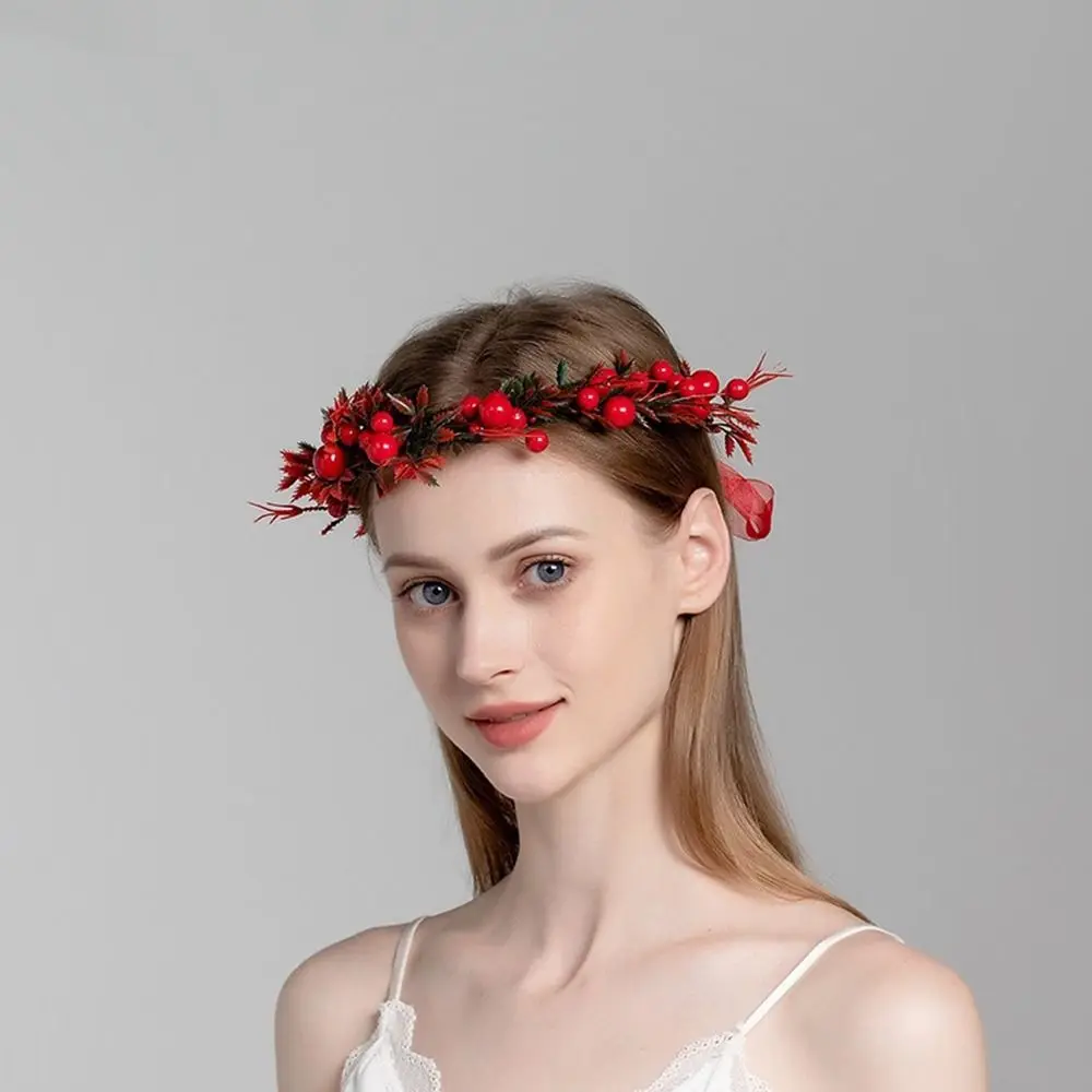 Rose Flower New Year Decoration For Girls Cloth Red Berry Garland Crown Flower Headband Wreath Decoration Women Headwear