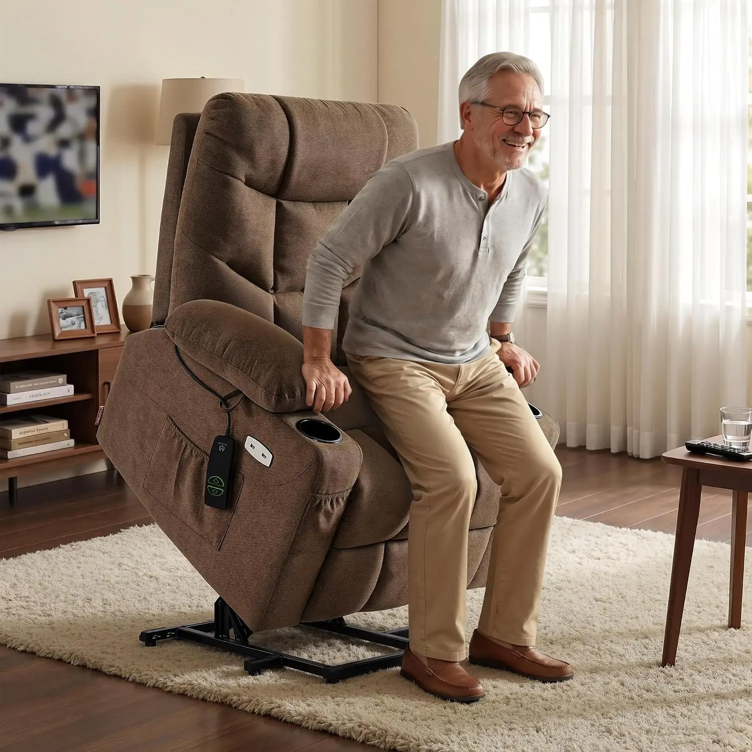 Power Lift Recliner Chair for Elderly, Fabric 7287 (Brown, Medium) | Assist with Standing, 140° Recline, 4.7