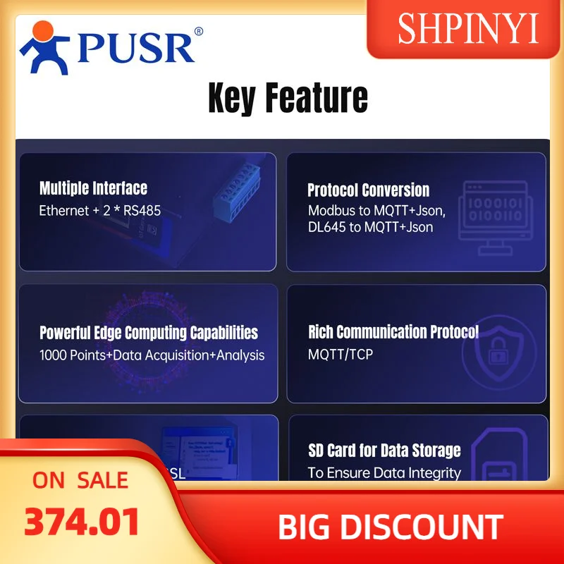 

Шлюз PUSR Edge Computing IoT RS485 к Ethernet с SD-картой 2*RS485 для хранения данных Modbus RTU Modbus TCP USR-N720-ETH