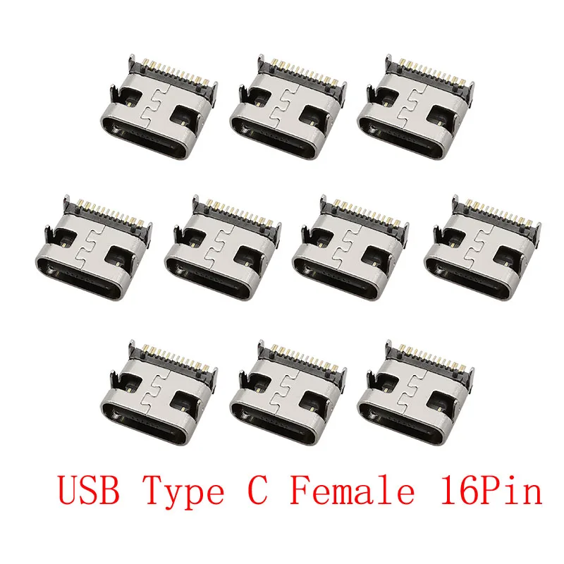 10Pcs SMT USB 3.1 Type C Female Jack Connector 16 Pin Type-C Socket PCB Soldering For Electronic Charging Port DIY Repair