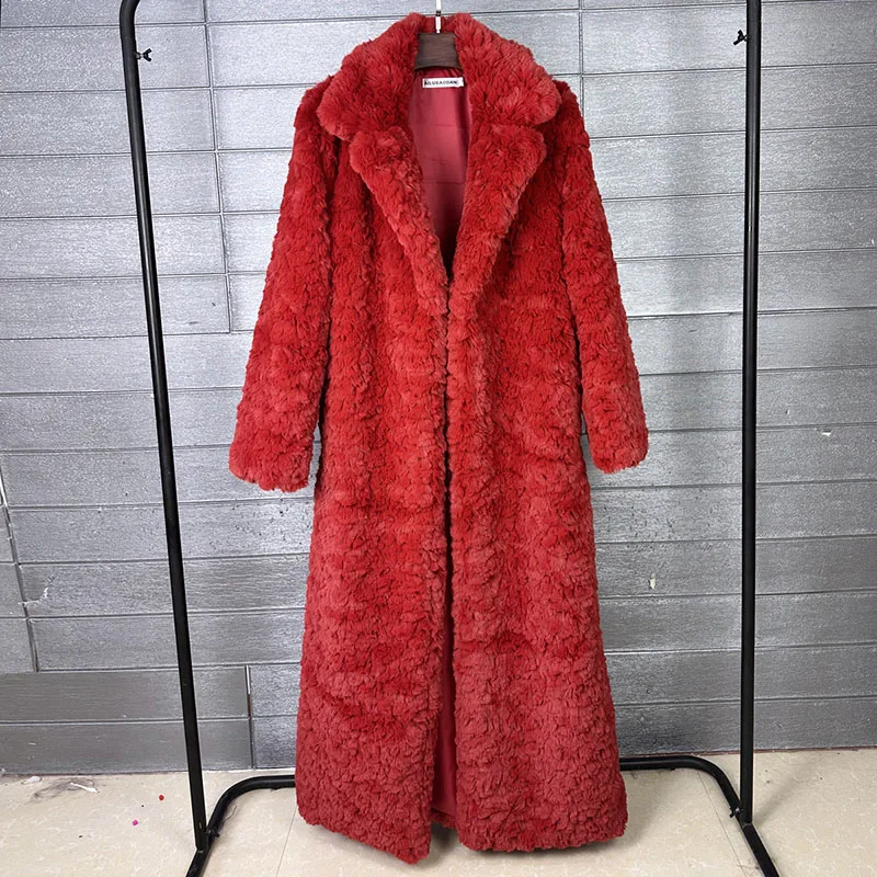 

ZADORIN 130 см Длинное пальто с лацканами из искусственного меха кролика, красное, теплое, женская одежда, роскошные куртки из искусственного меха, верхняя одежда, меховые пальто для женщин