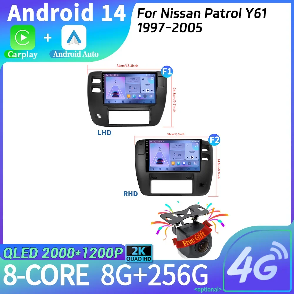 Android 14 Car Radio Multimedia Navigation For Nissan Patrol Y61 1997-2005  Head Unit Screen WIFI Wireless Carplay Stereo