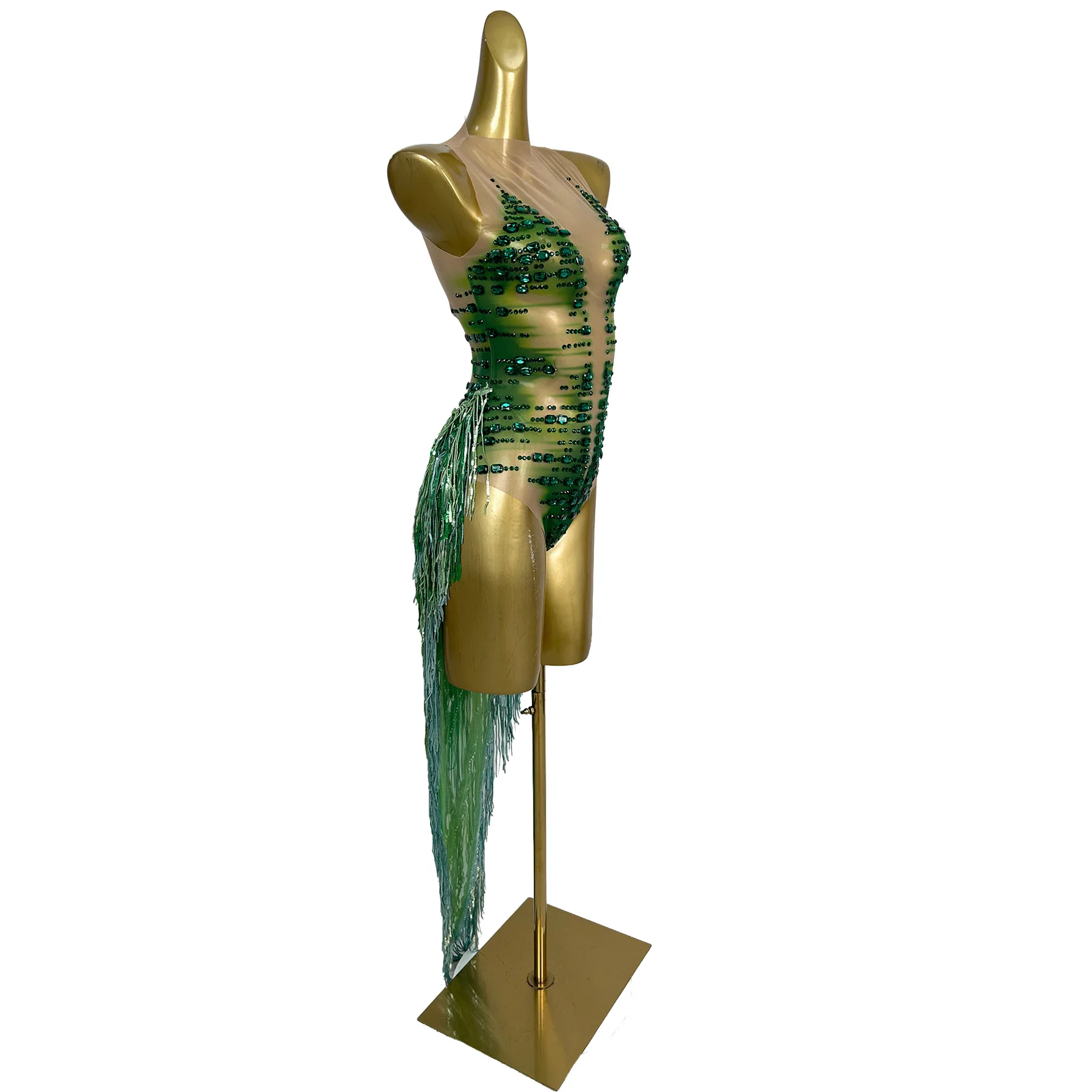 Zacao Nude Mesh Green Rhinestone Bodysuit with High Neck and Long Fringe Tail for Stage Performances and Drag Queen Shows
