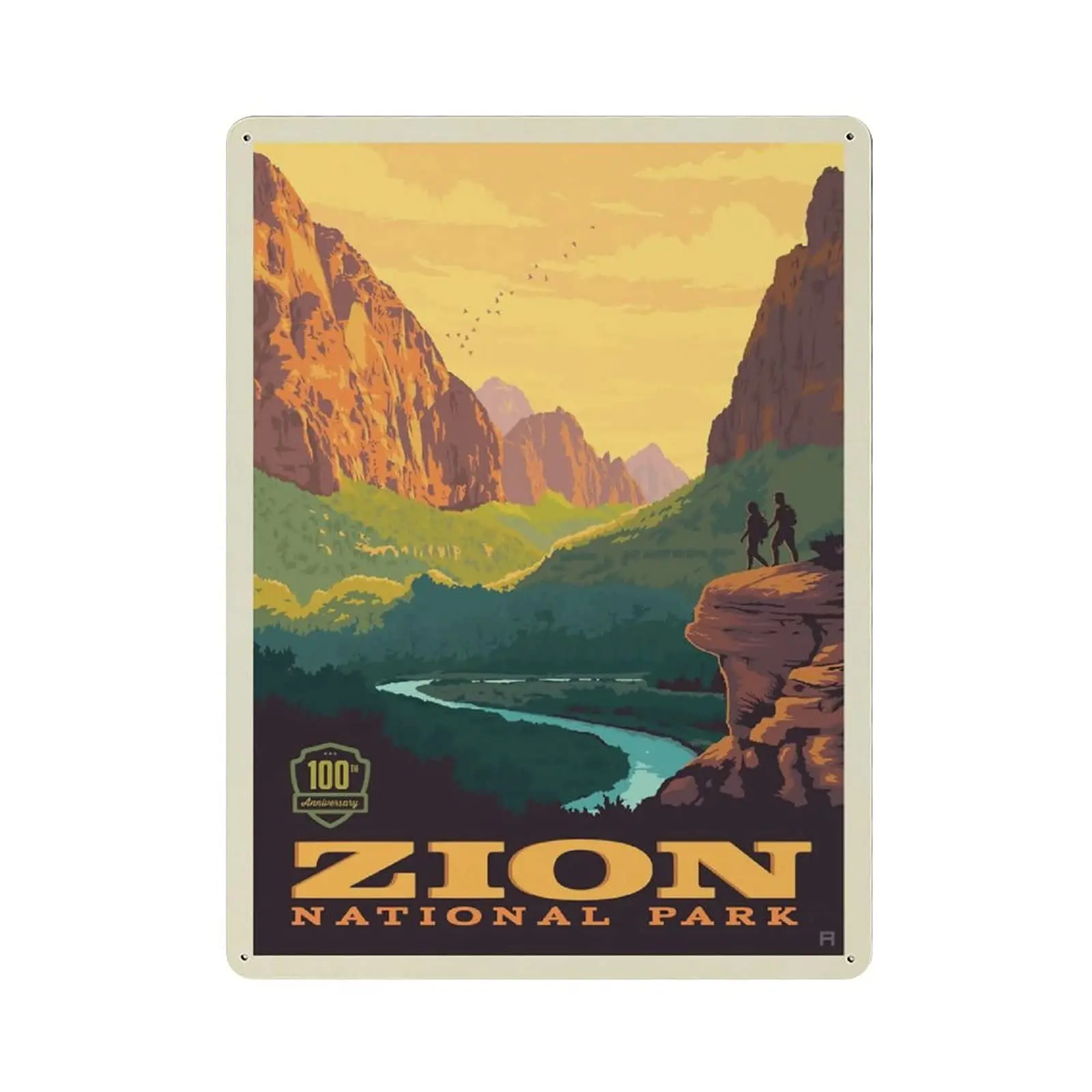 Zion National Park 100th Anniversary Retro Travel Poster with Hikers on Cliff River Valley and Mountain Landscape High Definitio