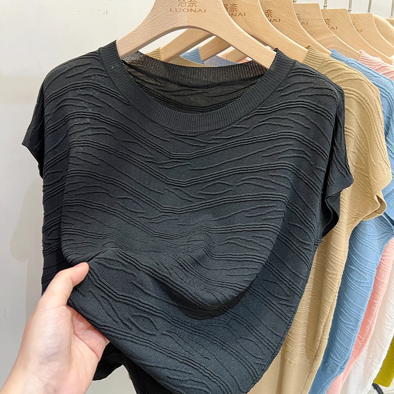 حجم كبير المرأة فضفاضة التخسيس الجولة Ne الجليد الحرير ort Sve تي شيرت صيف جديد Sle Batwing Sve العصرية #5