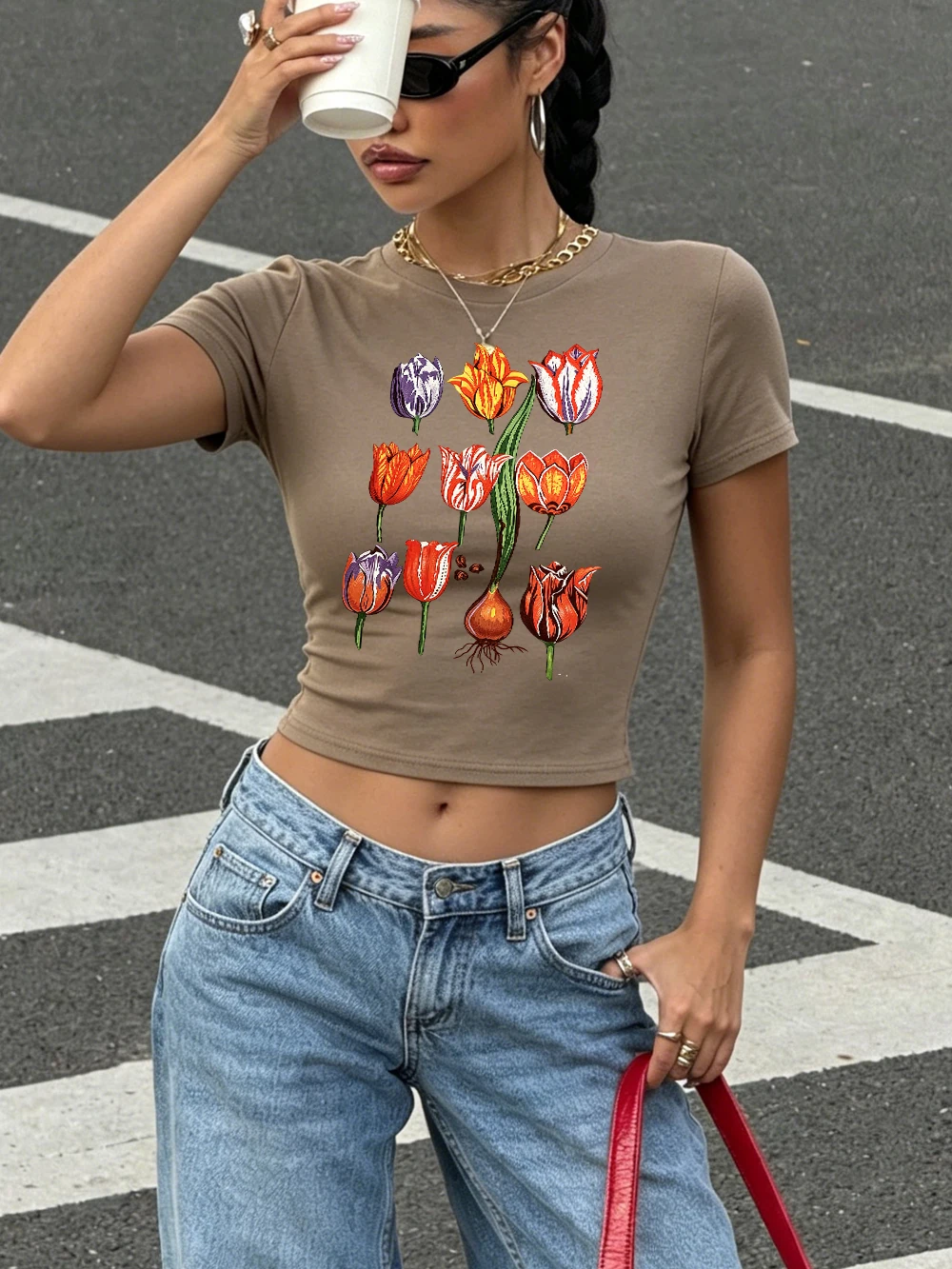 Eternal Augustus Tulip Printed Womens Crop Tops Summer Soft High Elastic Streetwear Sexy Slim T Shirts Casual O-Neck Clothes