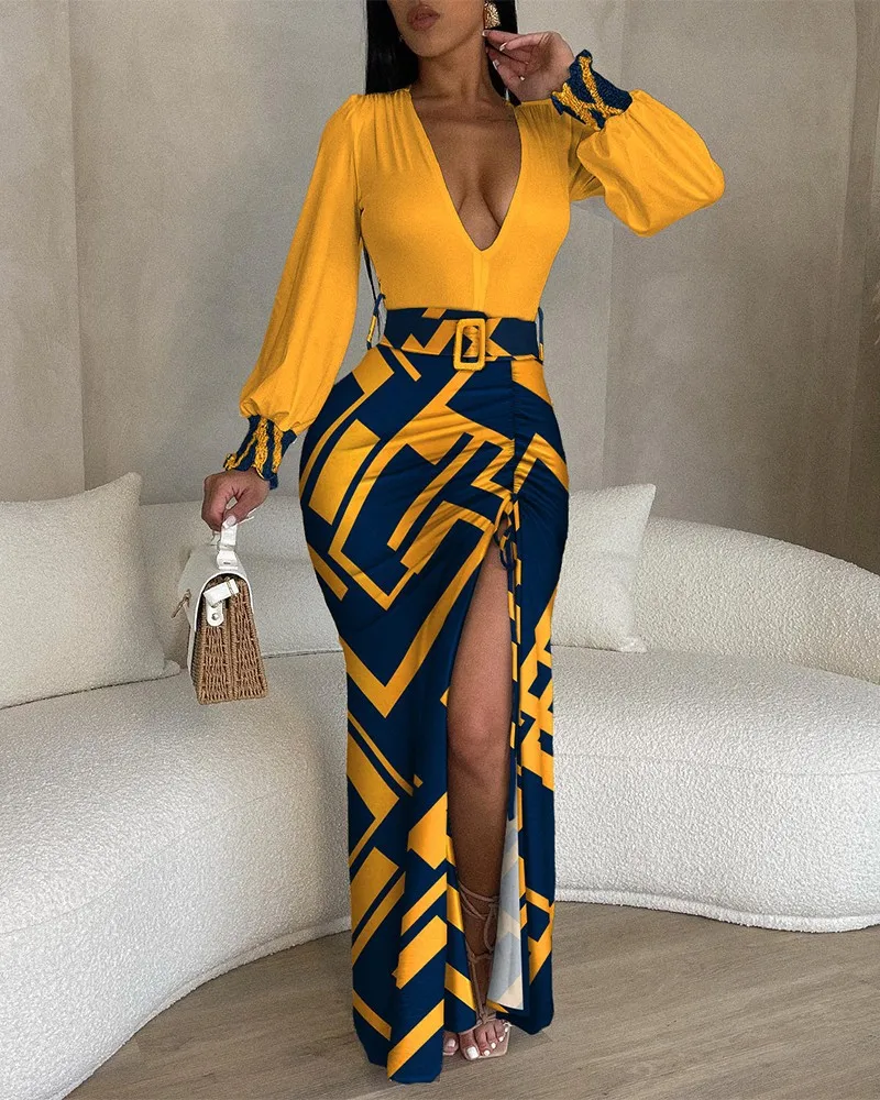 Elegant Dresses for Women Sexy Tie Dye Print Plunge High Slit Drawstring Maxi Dress New Fashion 2023 Summer Office Dress