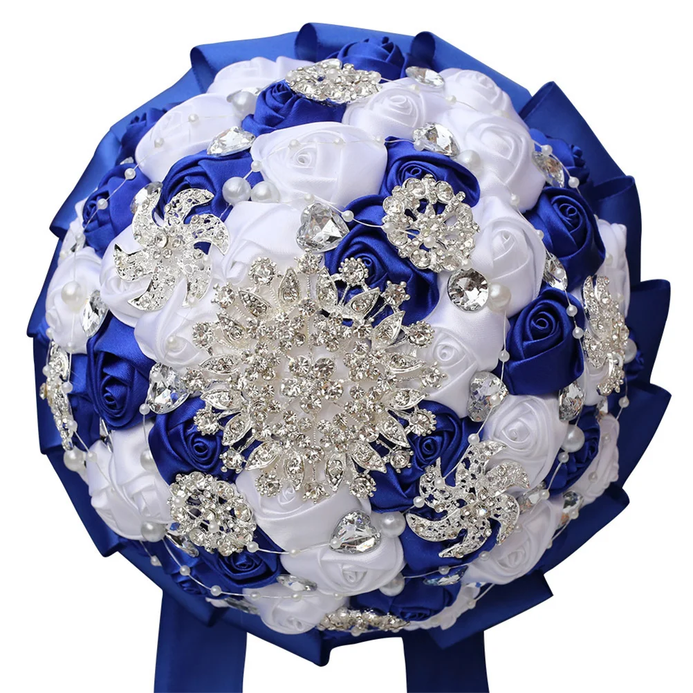

1Pcs Bride Wedding Bouquet Realistic Artificial Bridal Flower Ribbon Decoration White Blue Rhinestone Wedding Bouquet for Bride
