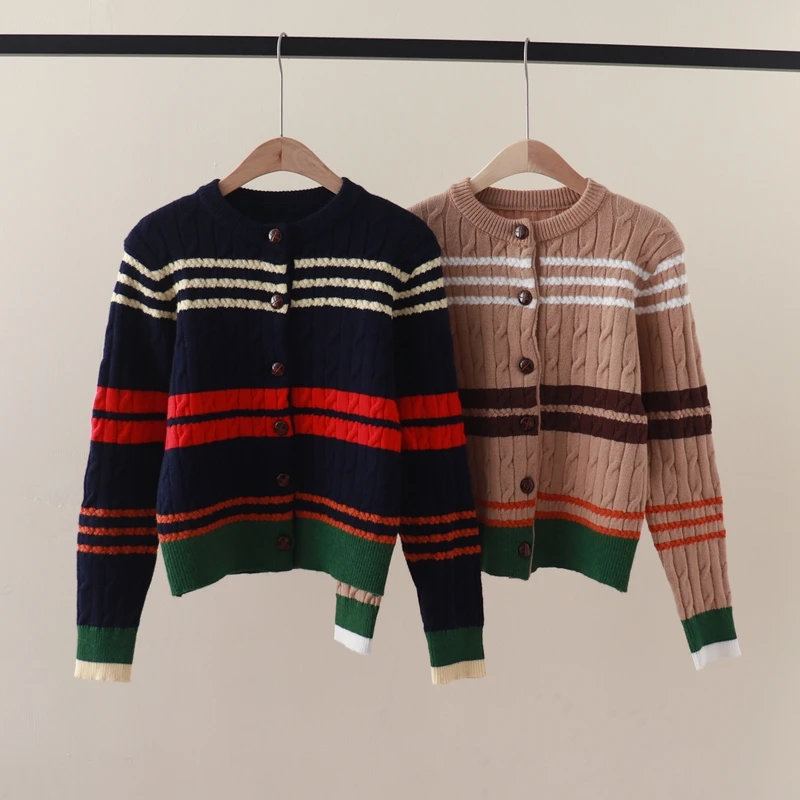 

Autumn and winter new French stripe Fried Dough Twists color contrast sweater, versatile, thin, aging, knitting cardigan coat