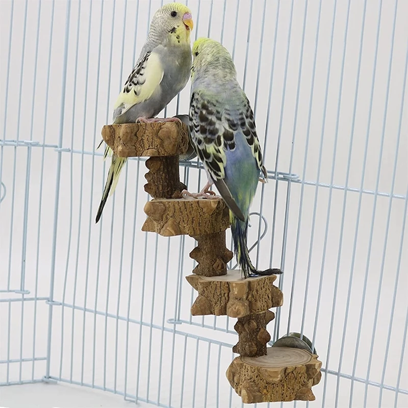 Bird Platform Perch Natural Wood Stand Playground for Budgie Parakeet Large Parrot Cage Climbing Toy 4 Steps Ladder 87HA