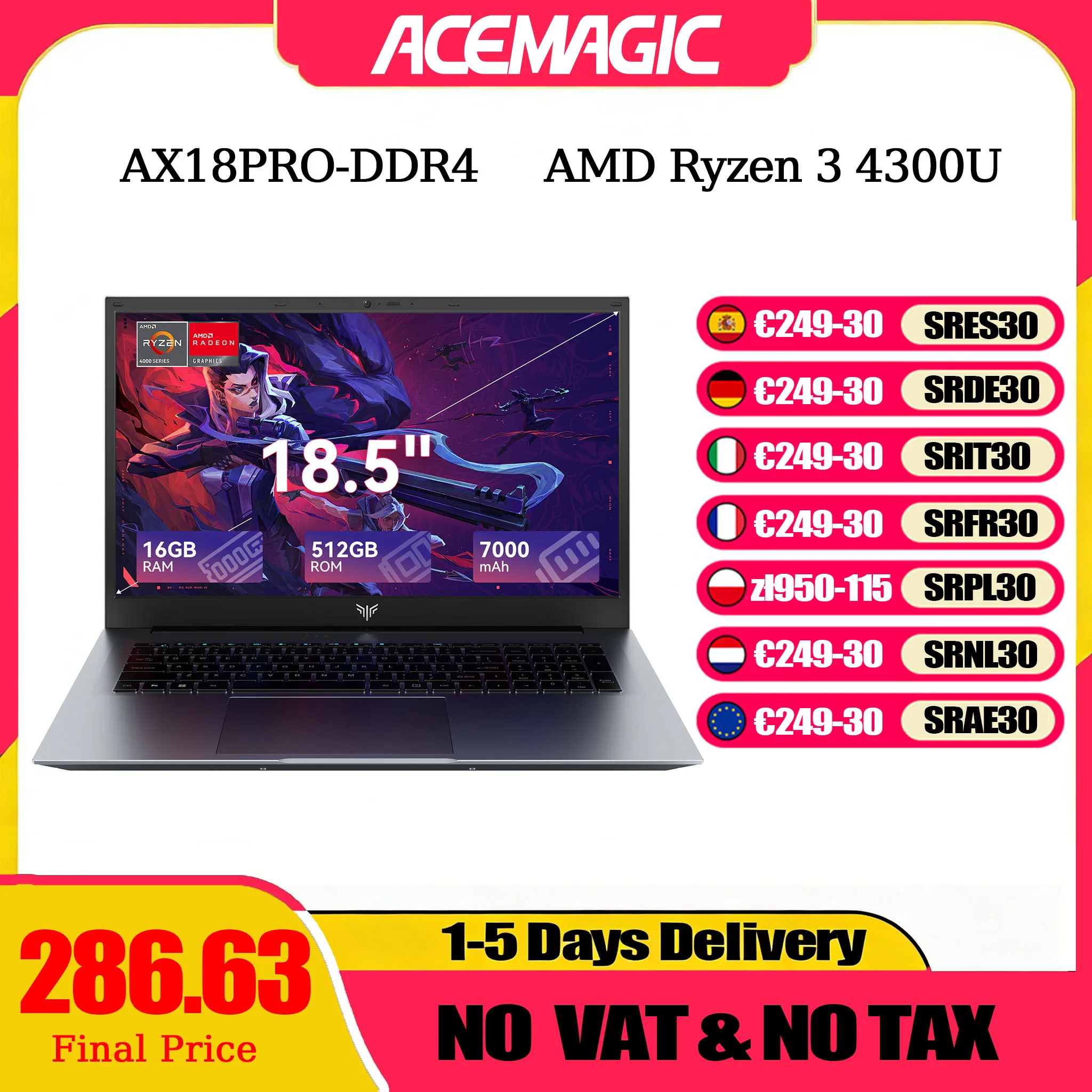 ACEMAGIC Computadora Portátil de 18.5 Pulgadas con Windows 11 PRO, Batería de 7000 mAh, Procesador AMD Ryzen 3 4300U, 16 GB de RAM DDR4, SSD de 512 GB, Wifi5