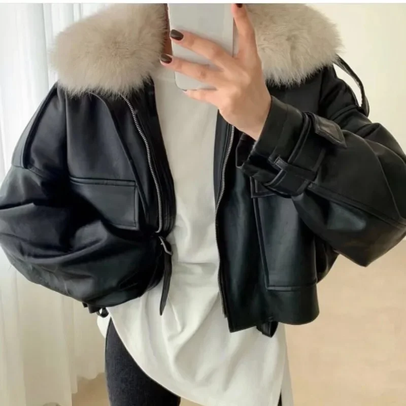 

Vintage Women's Winter PU Leather Jacket Plush and Thick Warm Cotton Coat Ladies Trend Windproof Oversized Jacket