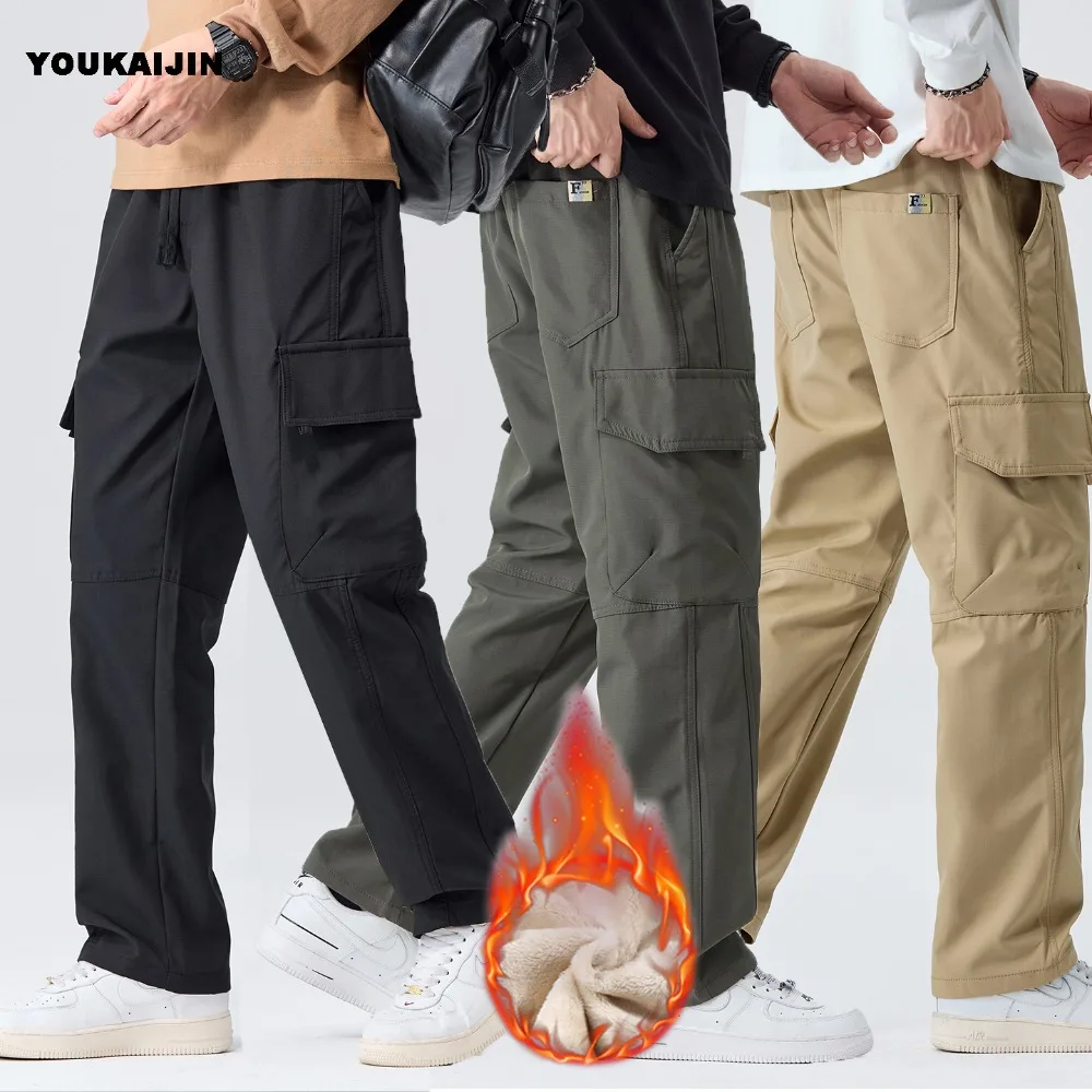 

Мужские зимние брюки, прямые брюки-карго на флисовой подкладке с несколькими карманами, уличные брюки, мужские рабочие брюки, уличная одежда