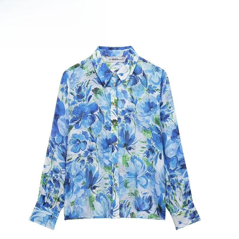 

ZBZA Spring New Women's Faion Design Printed Flower irt Casual Loose Fit Long Sve UV Protection Polyester Fiber