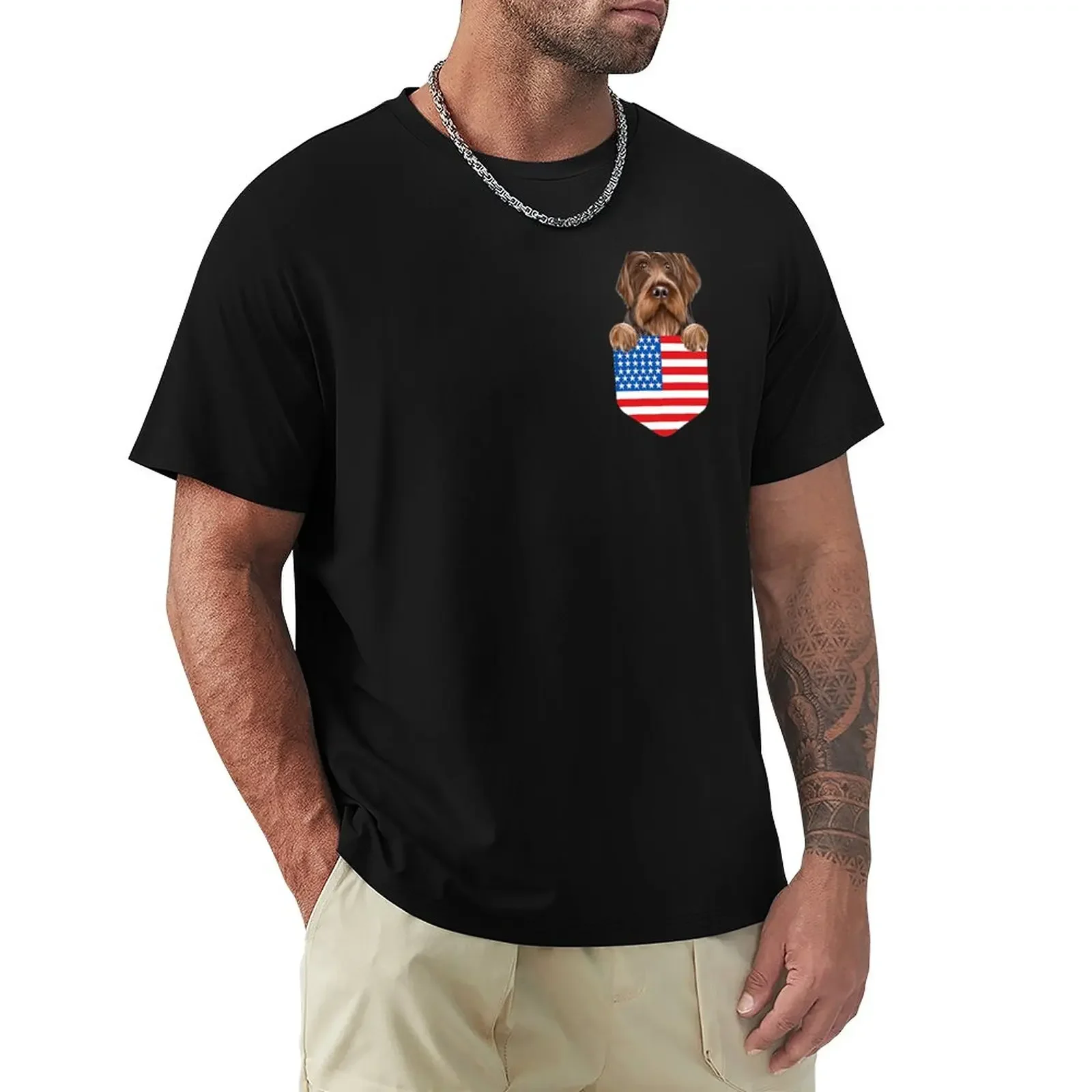 America Flag Wirehaired Pointing Griffon Dog In Pocket T-Shirt heavyweights sports fans plus sizes heavy weight t shirts for men