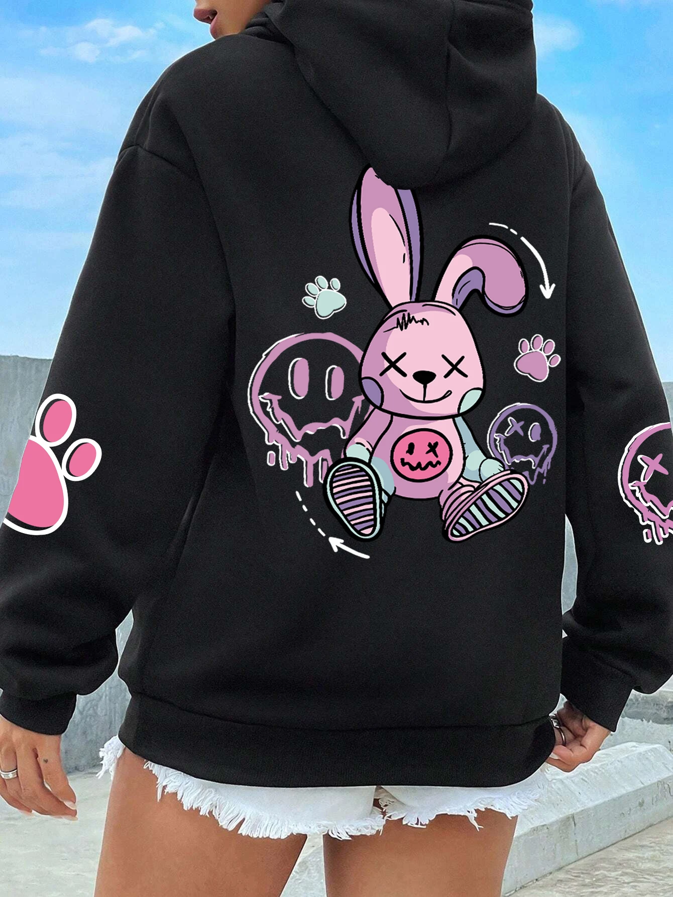 Casual Womens Hoodies Good Cartoons Pink Rabbit Cute Printing Pullovers Fleece Warm Loose Pocket Sweatshirts Autumn Clothing