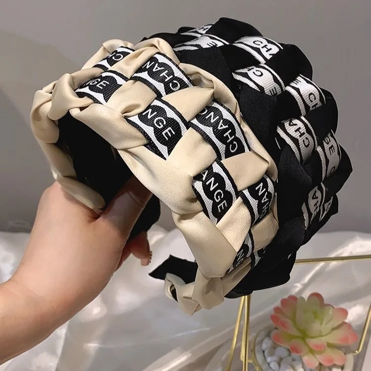 Vintage Braided Wide Headband for Women Letter Print Satin Ribbon Hair Hoop High Cranial Top Daily Party Hair Accessories
