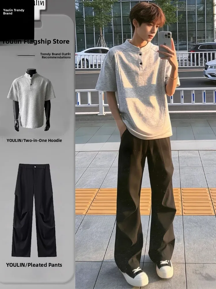 

Cleanfit Men's Folded West Pants ort Sve irt Set Cool Sli Spring Ootd Clete Set Loose Fit Casual Straight Leg