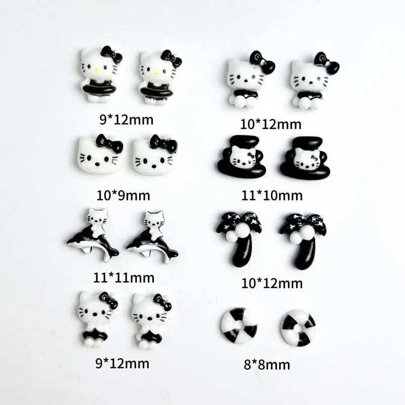 50Pcs Cartoon Black Cat Series Resin Nail Charms Cute Black White Splicing Kitten Coconut Tree Nail Art Decoration for DIY Nails