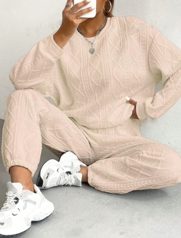 Jacquard long sleeved casual round neck sweatshirt long pants set