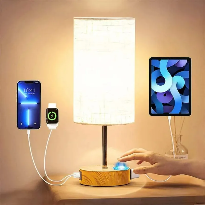 2023 Modern Simple Linen Wood Grain Table Lamp Bedroom Study Bedside Table Touch Dimmable USB US Standard Mobile Phone Charging