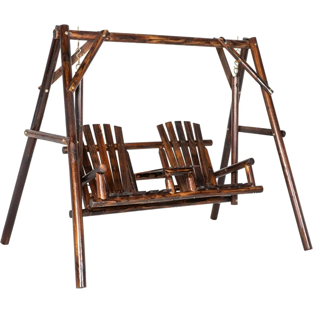 

Wooden Porch Swing with Stand, 2-Seat Patio Swing Chair with Center Table, for Garden, Poolside, Backyard
