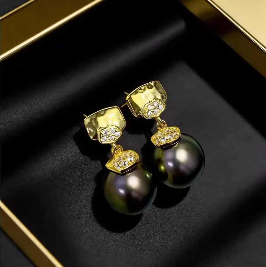 

charming pair of 10-11mm south sea round black pearl earring 925s earings earrings for women real pearl