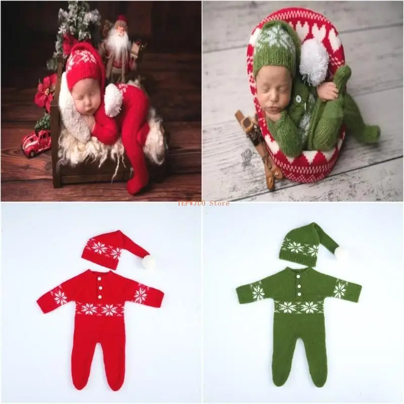 

U50F Christmas Newborn Baby Photography Props Outfits Christmas Hat and Jumpsuit Set