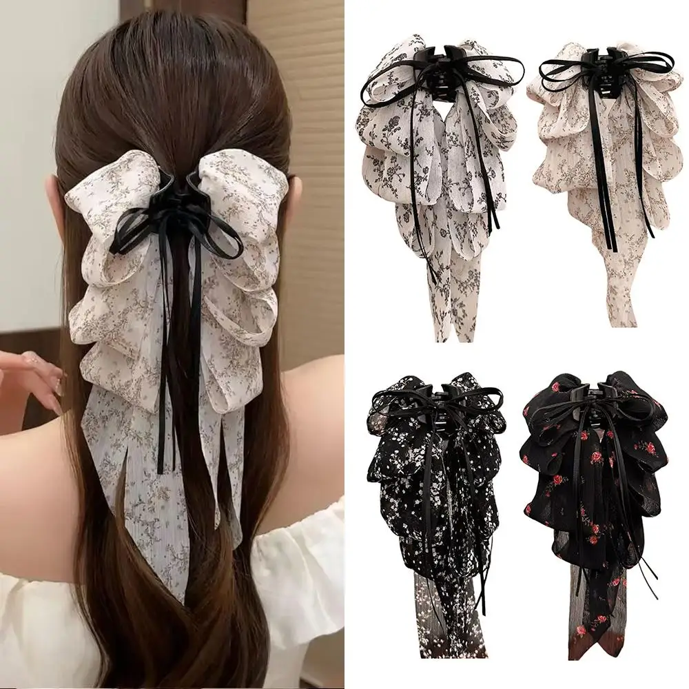 Halfgebonden achterhoofd Haaienclip Bloem Meerlaagse strik Haarclip Haaraccessoires Elegante bloemenstriklint Paardenstaartclip