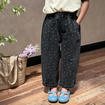 Jeans con stampa completa alla moda per bambini 2024 nuovi pantaloni coreani estivi sottili casual a gamba dritta per ragazze