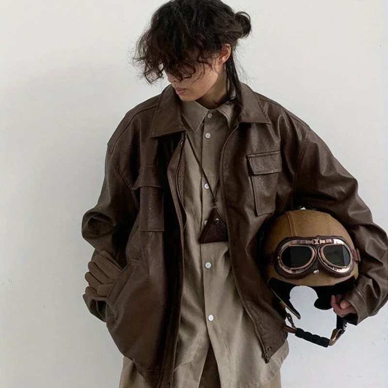 Men Set Japanese Vintage Harajuku Loose PU Leather Jacket+Fashion High Street Drawstring Cargo Pants Two Piece Unisex Suit 2023