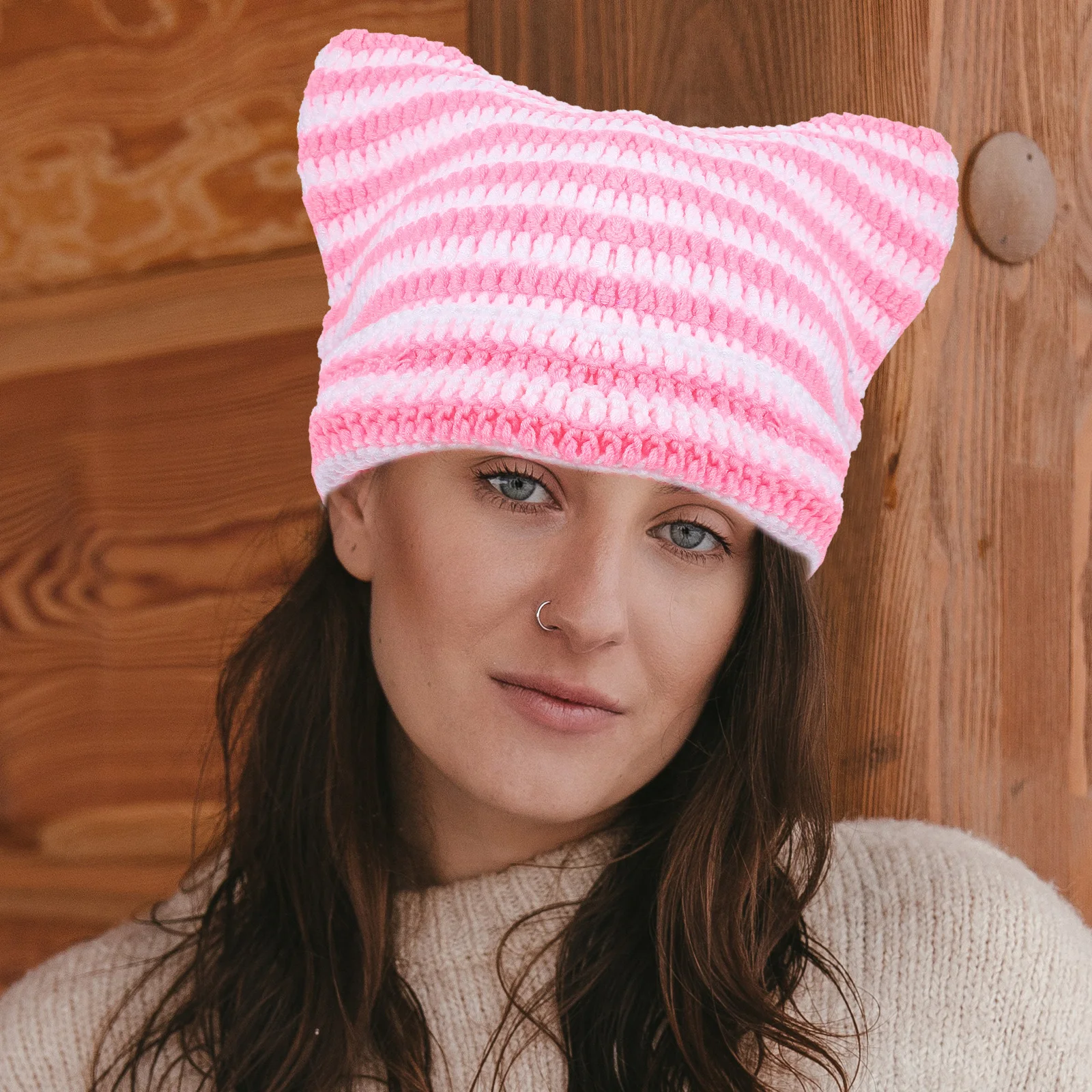 

Cute Cat Ear Knit Hat Winter Hats for Wearing Soft Acrylic Beanie Warm Handmade Pink White Striped Unisex Outdoor Tool