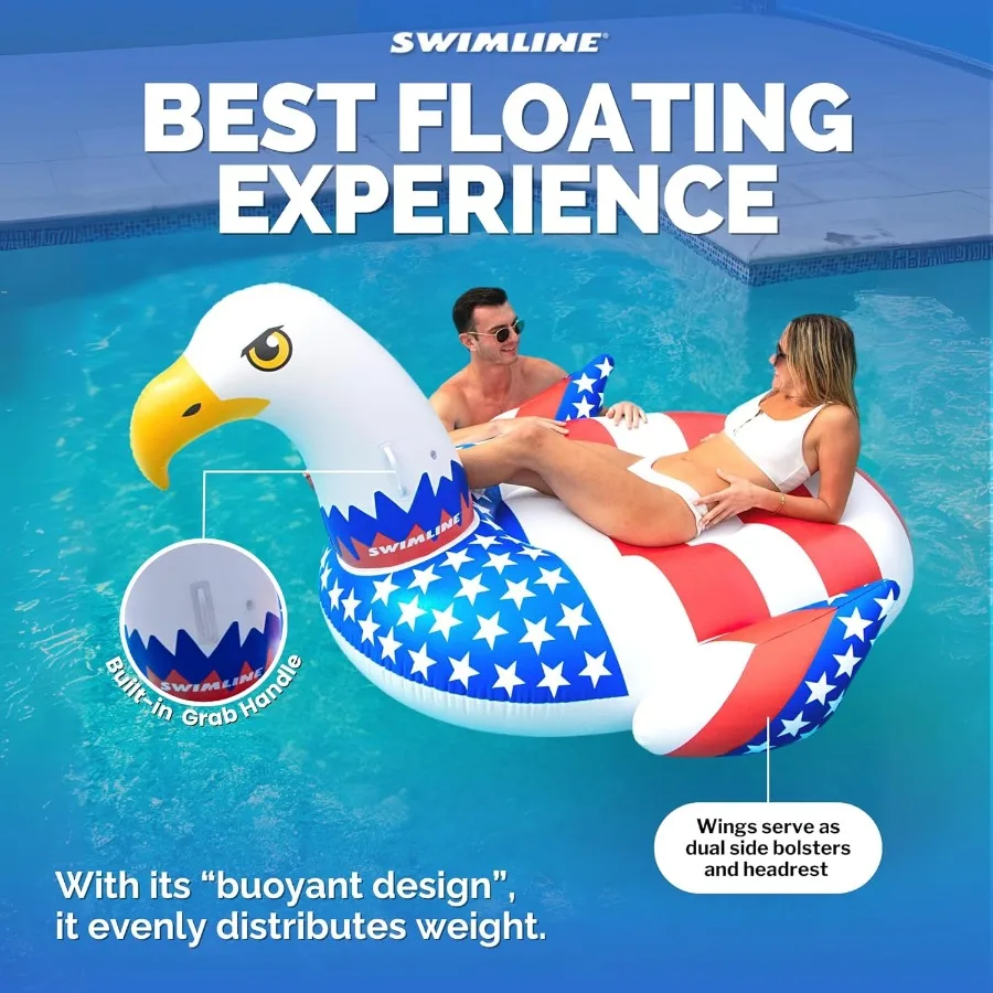 90700 Patriotic Americana Eagle Pool Float Oversized Ride-On Raft in Red White and Blue Stable Design for Summer Gathe