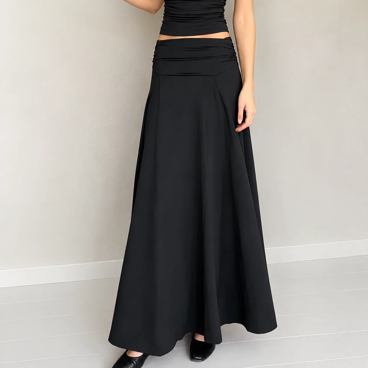Women's Elegant Black High Waisted Pleated Maxi Skirt Flowy A-Line Long Skirt With Ruched Waist Perfect For Office Lady Autumn