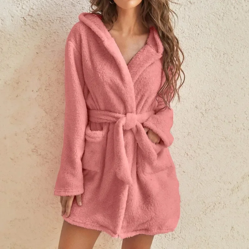 Women's Fleece Bathrobe Lightweight Soft Plush Sleepwear With Double Pocket Pure Color Soft Women's Dressing Nightgown