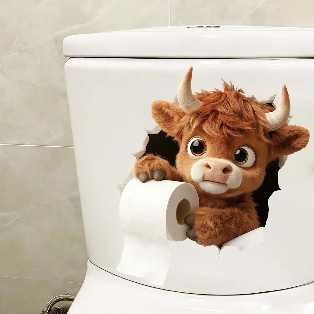 1 Packung Highland Cow Toilettenaufkleber, lustiger, wasserfester Vinyl-Aufkleber zum Abziehen und Aufkleben, 29 x 29 cm – Badezimmer-Toilettendeckel-Dekoration