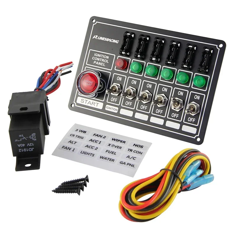 

LR New version Switch Panel Start 6 Switch Lights Fused Six Ways Engine Racing Race Ignition Accessory Aluminum ABS Black