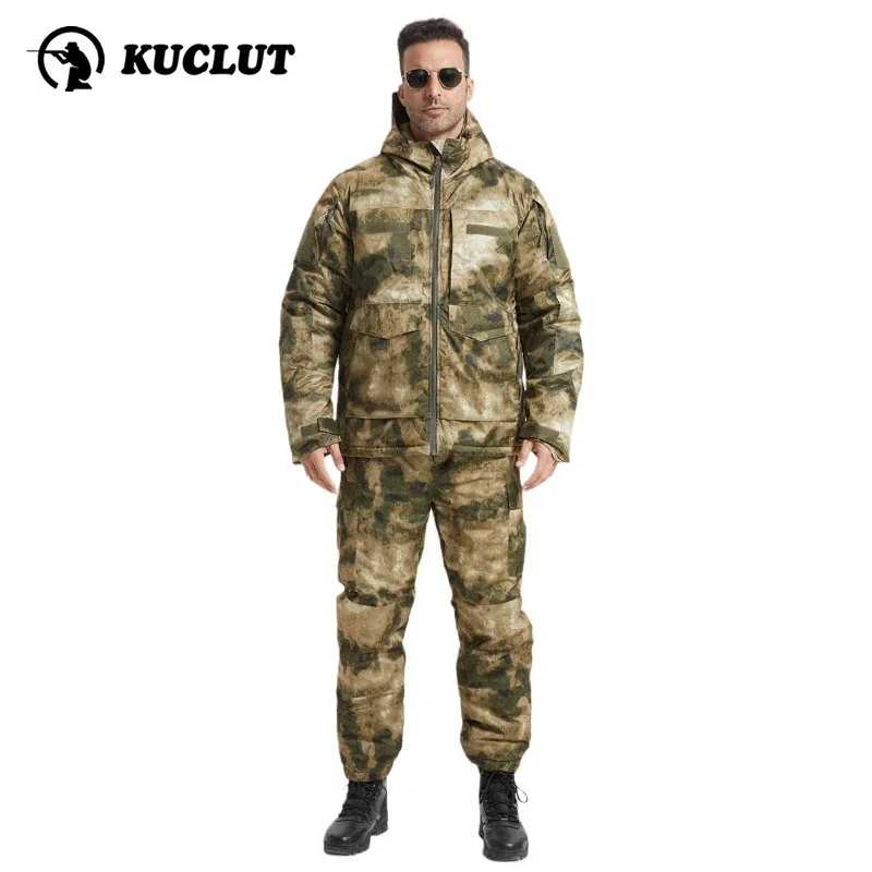 Winter Mens Soft Shell Camouflage Cotton Jacket Set Thickened Waterproof Hood Coat+Pants 2-piece Outdoor Training Hiking Suits