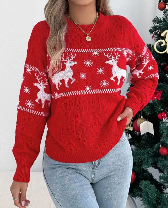 

Christmas Sweater 2025 Autumn Winter Deer Pattern Lantern Long Sleeved Pullover Sweater Retro Elegant Casual Sweater