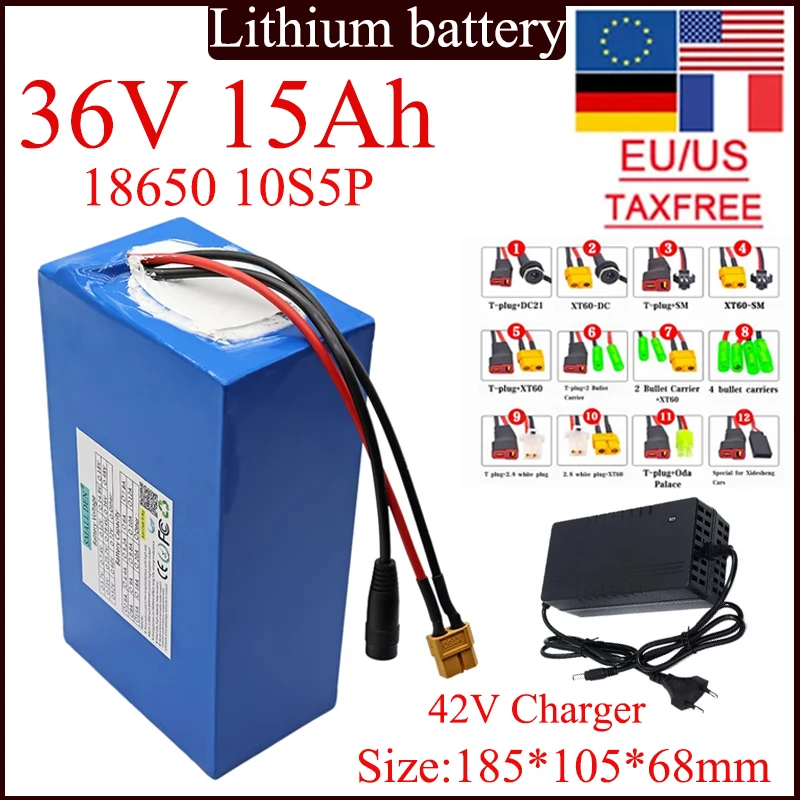 

36V 15A 18650 lithium battery pack 10S5P 15000mAh Built-in 30A high current balance BMS 1000W High Power Backup battery