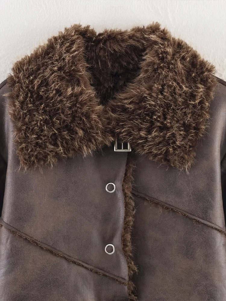 유럽 및 미국 스타일 2025 가을 신상 여성 레트로 루즈 캐주얼 라펠 긴팔 인조 모피 두꺼운 코트