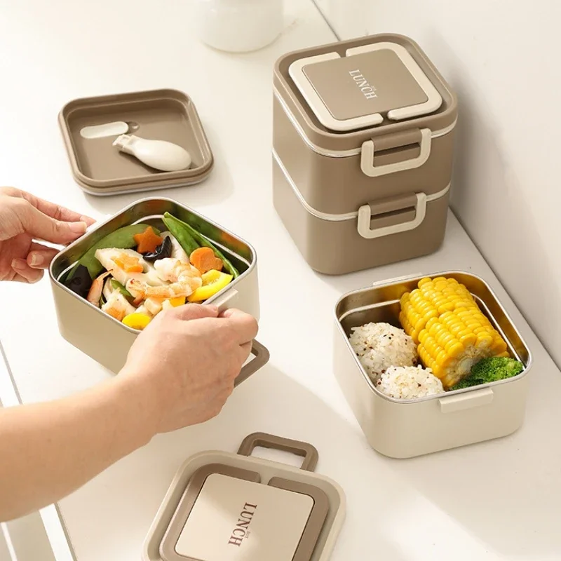 304 Stainless Steel Double-layer Lunch Box with Spoon Portable Sealed Leak Proof Picnic Office Bento Box Food Storage Containers