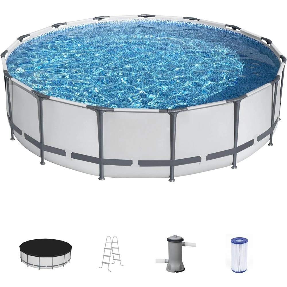 

Large Outdoor 15" X 42" Round Above Ground Swimming Pool Set Outdooor Metal Frame Family Pool With Filter Pump Ladder and Cover