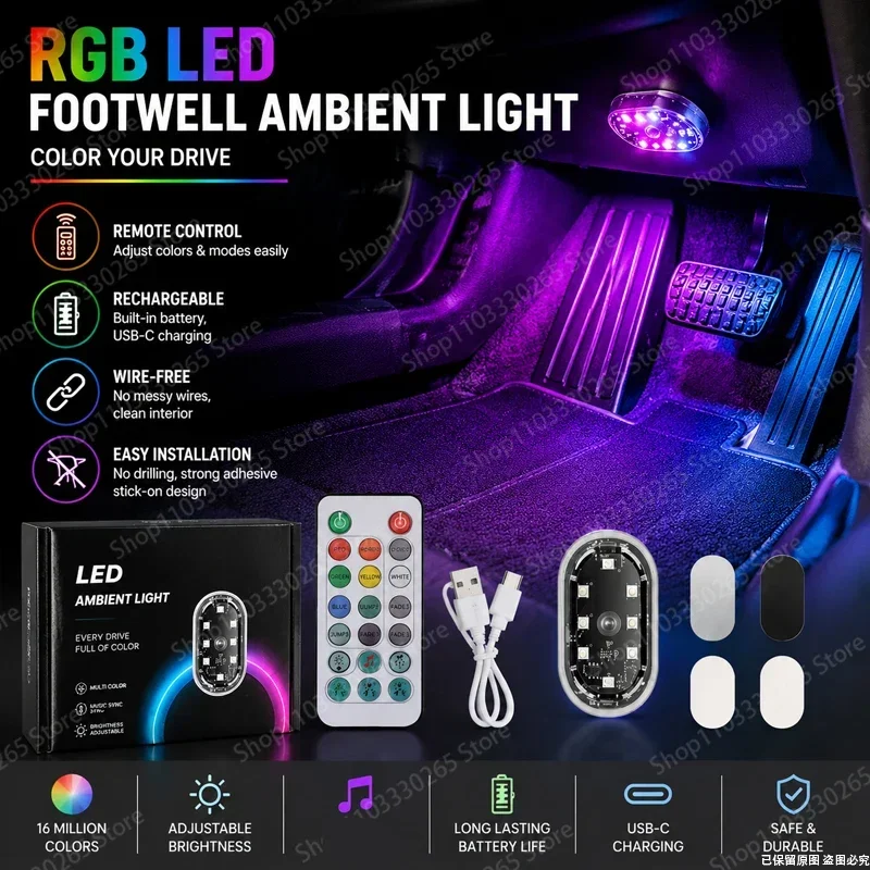 USB-C Rechargeable RGB LED Car Interior Light, Wireless Stick-On Footwell Lamp with Remote