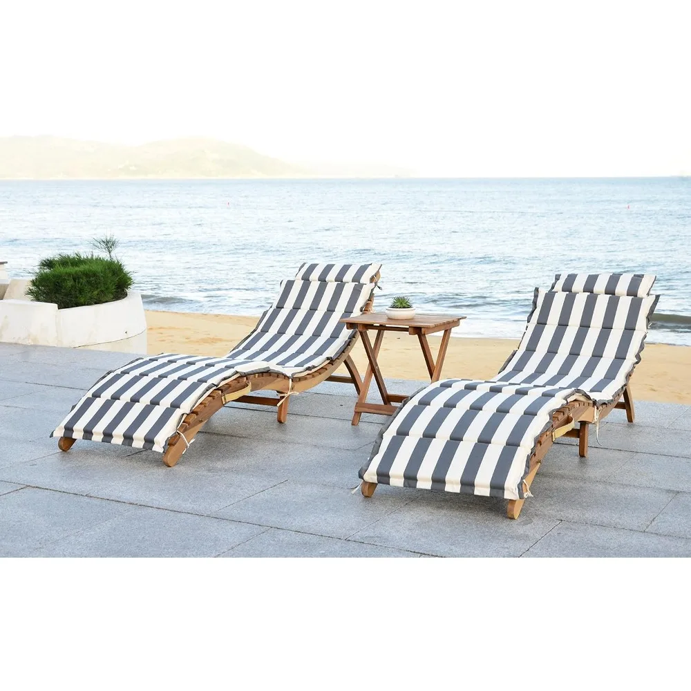 Outdoor Series: Pacifica Natural Brown Solid Wood/Grey & White Striped Cushion 3-Piece Chaise longue Set with Table