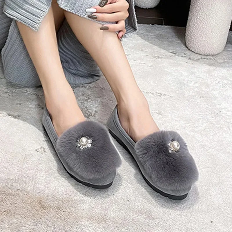 

Зимняя женская обувь, модная теплая повседневная обувь из кроличьей шерсти для женщин, изысканные лоферы на плоской подошве, дизайнерская обувь Zapatos Mujer