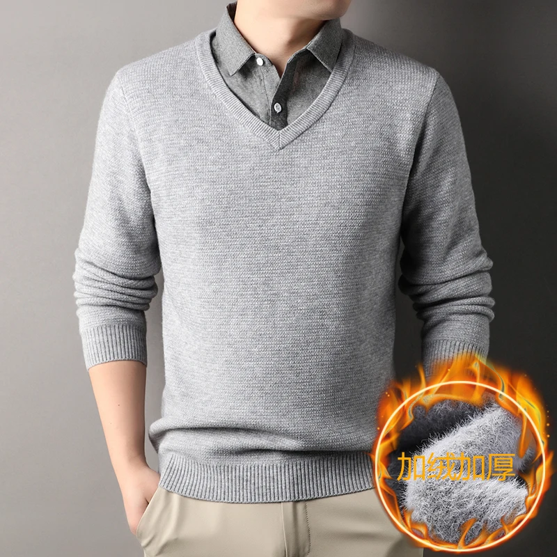 

2025: мужской утепленный свитер на осень и зиму с воротником-рубашкой, модный трикотаж из искусственного двух частей